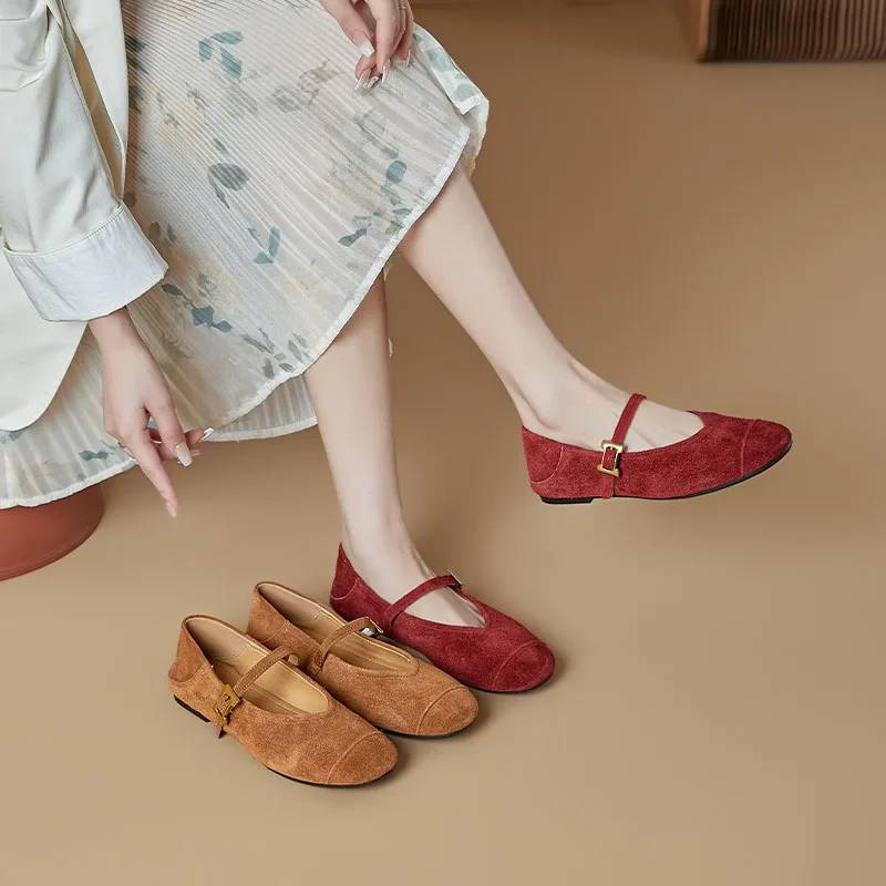 AIYUQI Women's Flat Shoes Genuine Leather 2026 New Spring Women's Mary Jane Shoes Red Literary Ballet Shoes Women