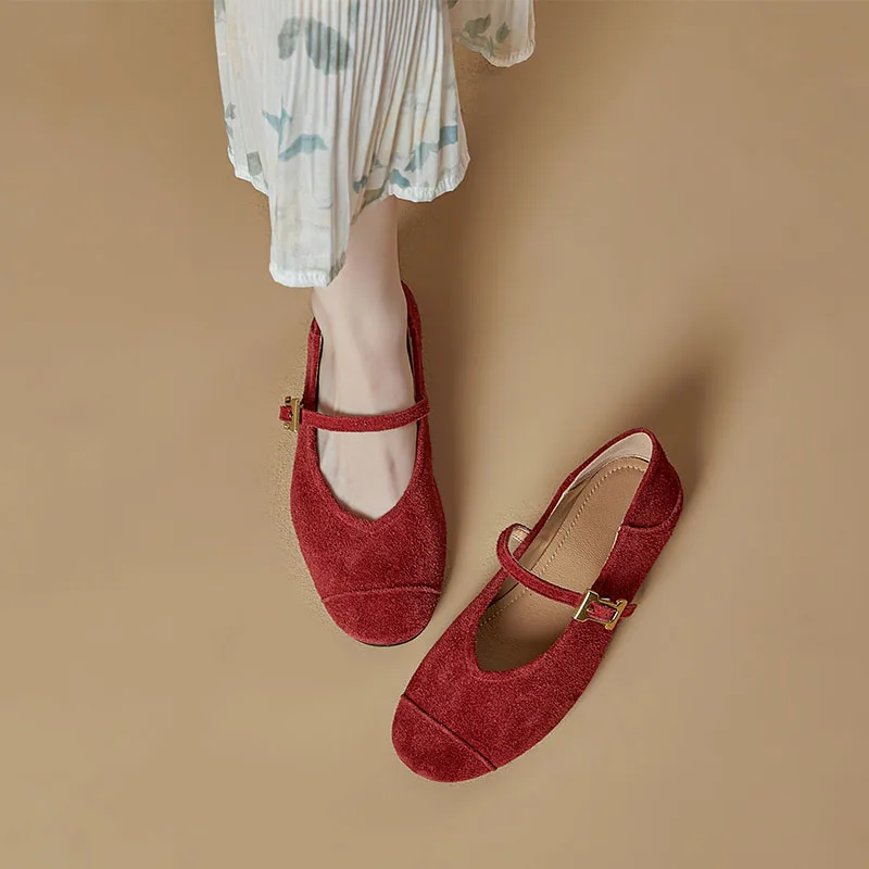 AIYUQI Women's Flat Shoes Genuine Leather 2026 New Spring Women's Mary Jane Shoes Red Literary Ballet Shoes Women