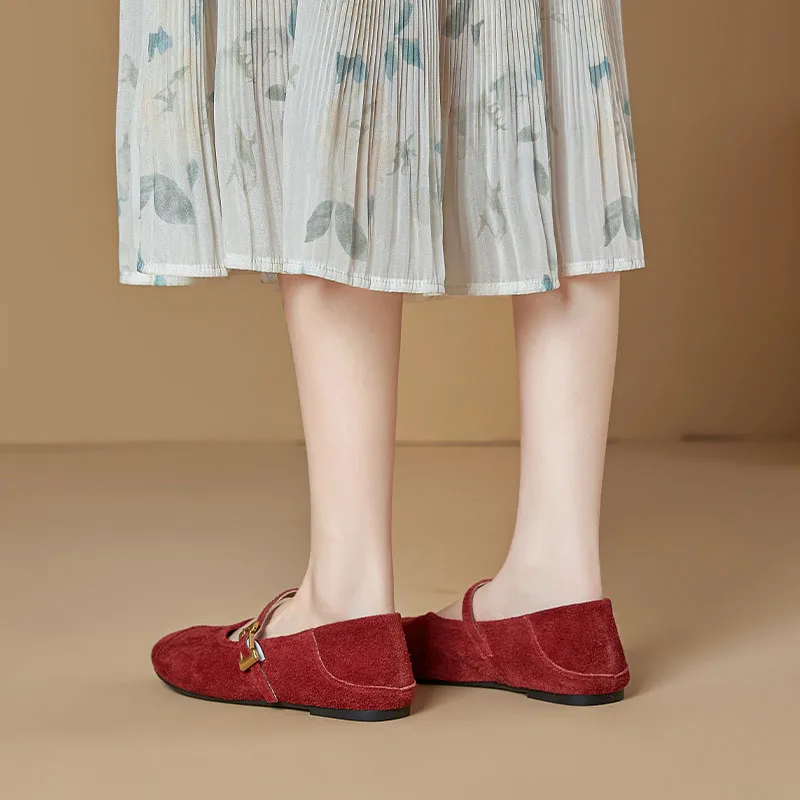 AIYUQI Women's Flat Shoes Genuine Leather 2026 New Spring Women's Mary Jane Shoes Red Literary Ballet Shoes Women