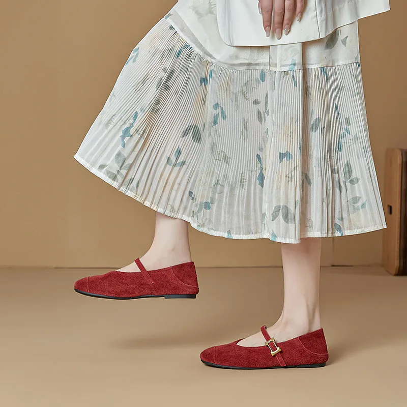 AIYUQI Women's Flat Shoes Genuine Leather 2026 New Spring Women's Mary Jane Shoes Red Literary Ballet Shoes Women