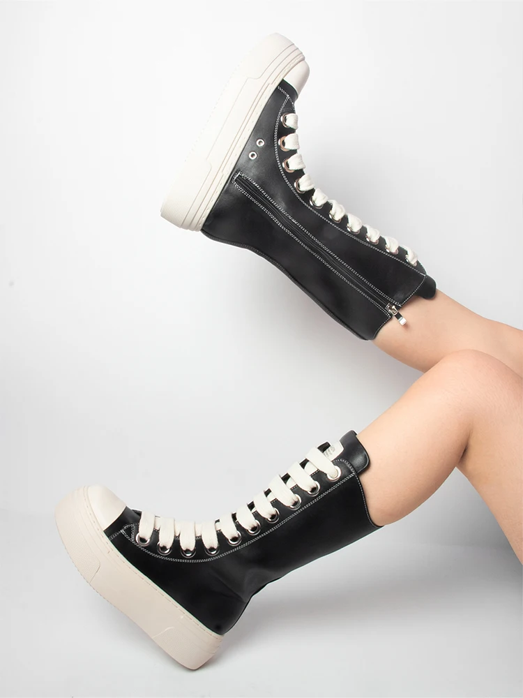 GMQM Women Knee High Boots Lace Up Zip High Heels Black Flat Platform Boots Round Toe Thick Sole Sneakers Outerwear Sport Shoes