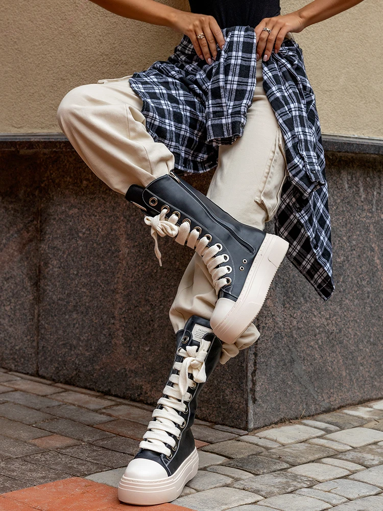 GMQM Women Knee High Boots Lace Up Zip High Heels Black Flat Platform Boots Round Toe Thick Sole Sneakers Outerwear Sport Shoes