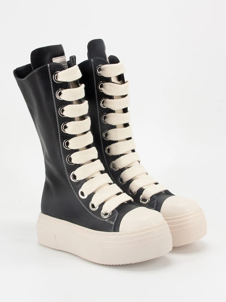 GMQM Women Knee High Boots Lace Up Zip High Heels Black Flat Platform Boots Round Toe Thick Sole Sneakers Outerwear Sport Shoes