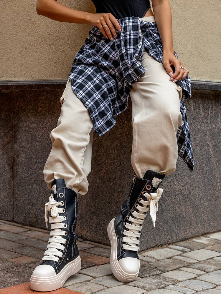 GMQM Women Knee High Boots Lace Up Zip High Heels Black Flat Platform Boots Round Toe Thick Sole Sneakers Outerwear Sport Shoes