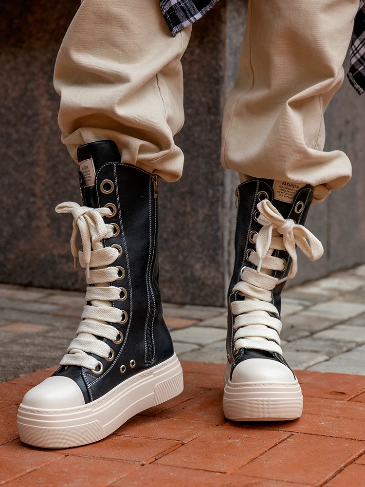 GMQM Women Knee High Boots Lace Up Zip High Heels Black Flat Platform Boots Round Toe Thick Sole Sneakers Outerwear Sport Shoes