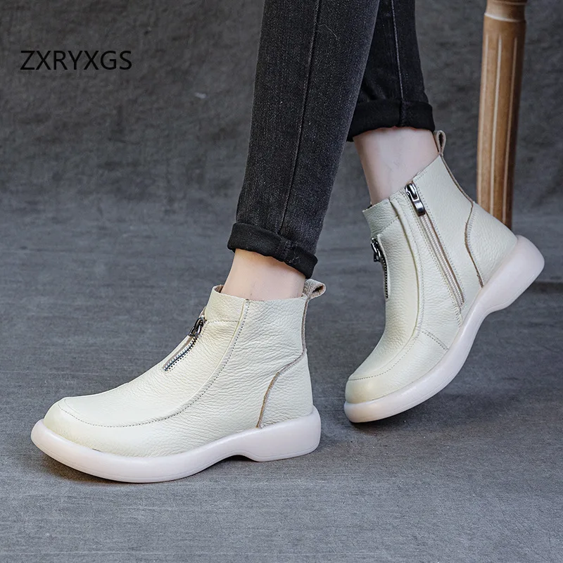 ZXRYXGS 2025 Autumn Winter Boots Women's Genuine Leather Boots Flat Heel Soft Sole Non-Slip Comfortable Short Boots Trendy Shoes