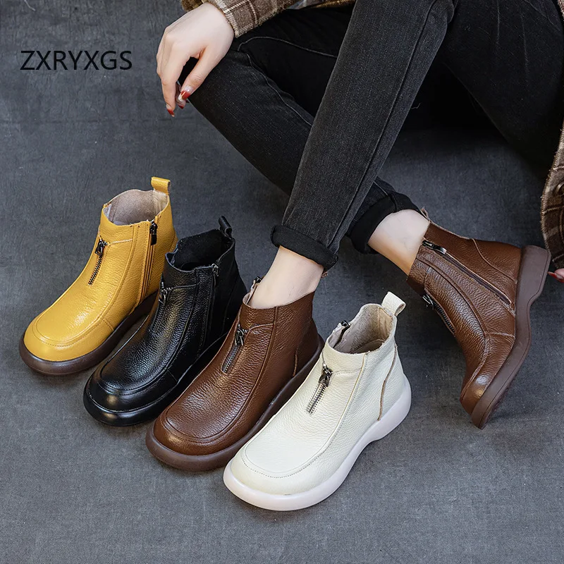 ZXRYXGS 2025 Autumn Winter Boots Women's Genuine Leather Boots Flat Heel Soft Sole Non-Slip Comfortable Short Boots Trendy Shoes