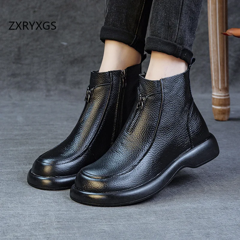 ZXRYXGS 2025 Autumn Winter Boots Women's Genuine Leather Boots Flat Heel Soft Sole Non-Slip Comfortable Short Boots Trendy Shoes