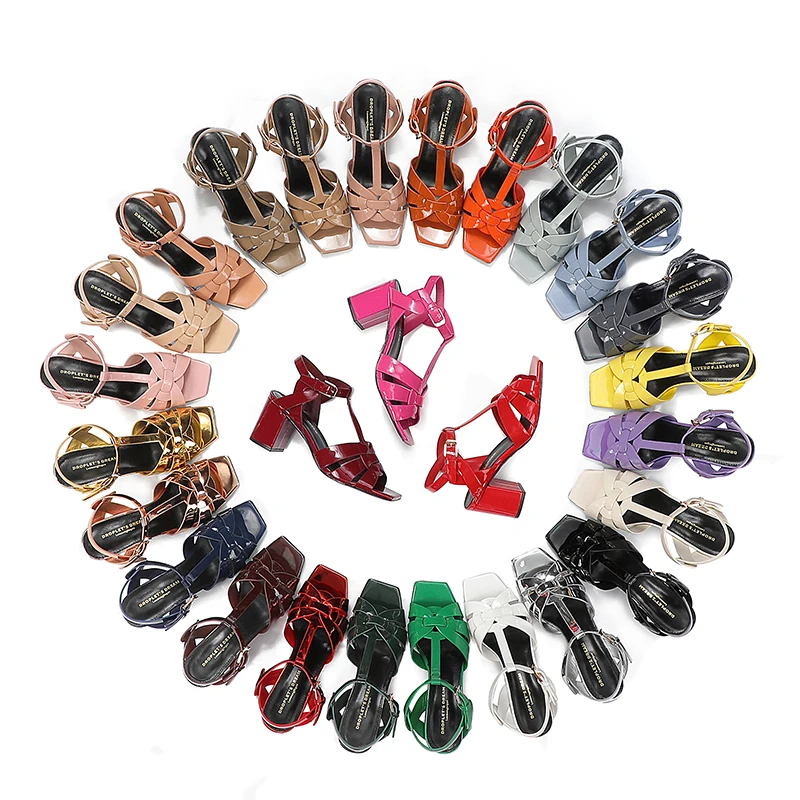 2024 New Summer Women's Lacquer Leather High Heel Open Toe Sandals Party Sexy Open Toe Fish Mouth Shoes Outdoor Anti Slip Sandal