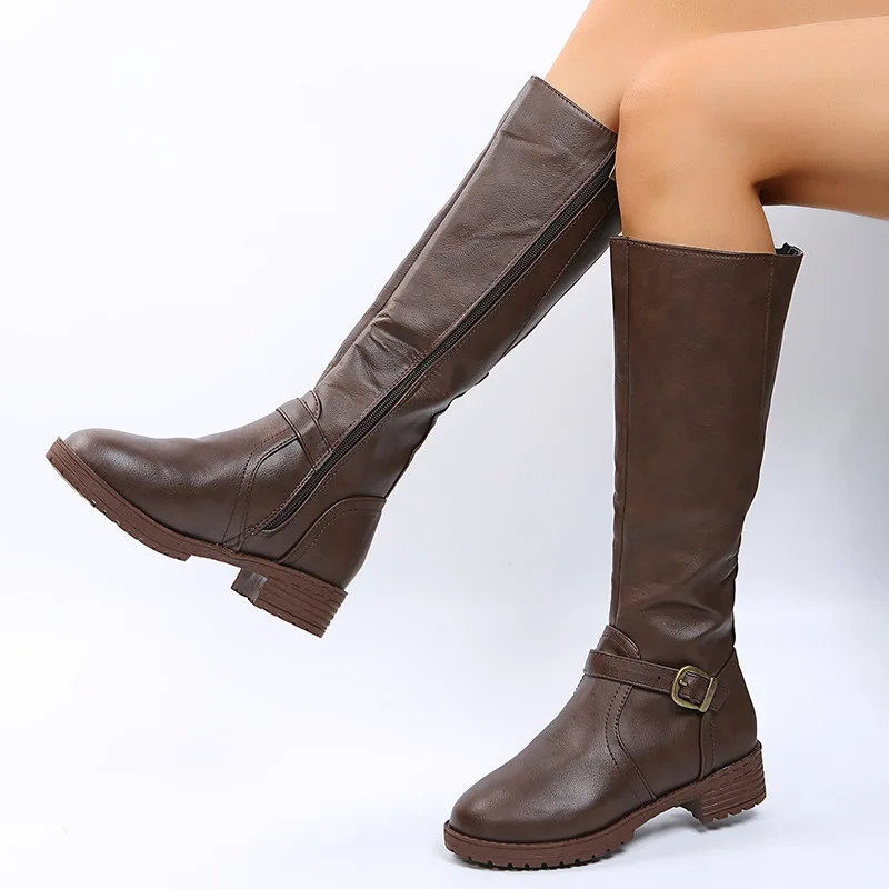 Women's leather boots 2025 Spring and Autumn new zipper low heeled long boots Knight boots High heeled women's boots