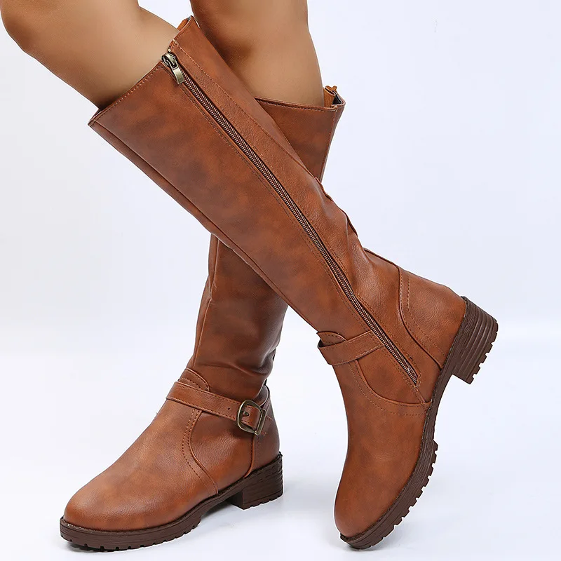 Women's leather boots 2025 Spring and Autumn new zipper low heeled long boots Knight boots High heeled women's boots