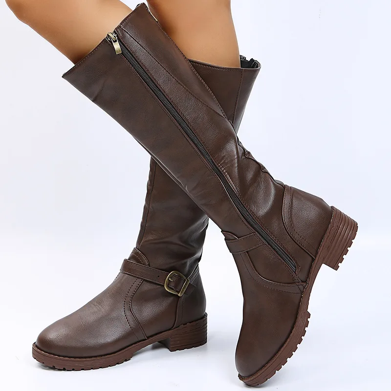 Women's leather boots 2025 Spring and Autumn new zipper low heeled long boots Knight boots High heeled women's boots