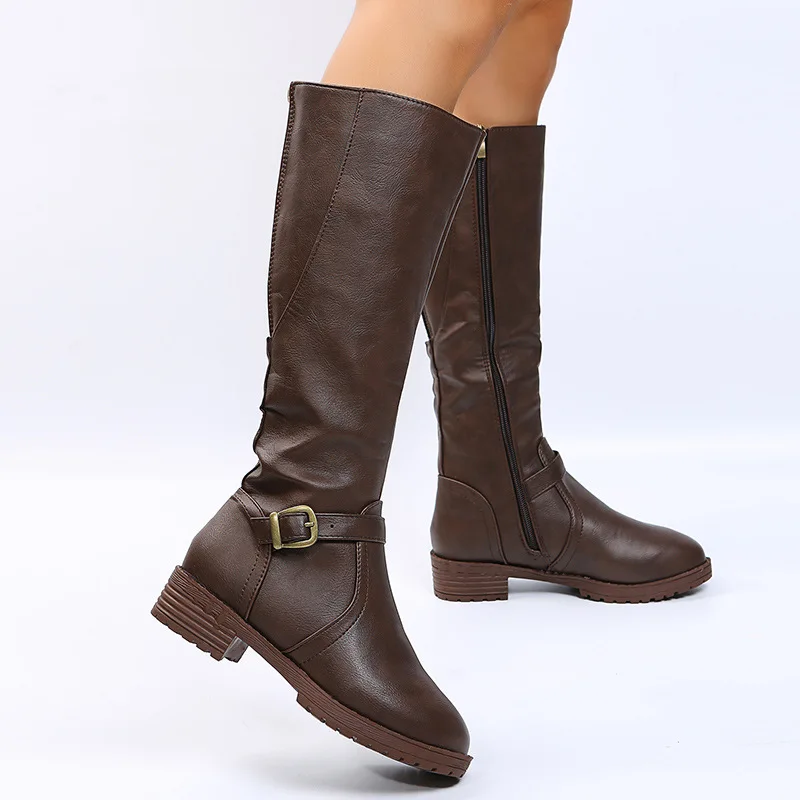 Women's leather boots 2025 Spring and Autumn new zipper low heeled long boots Knight boots High heeled women's boots