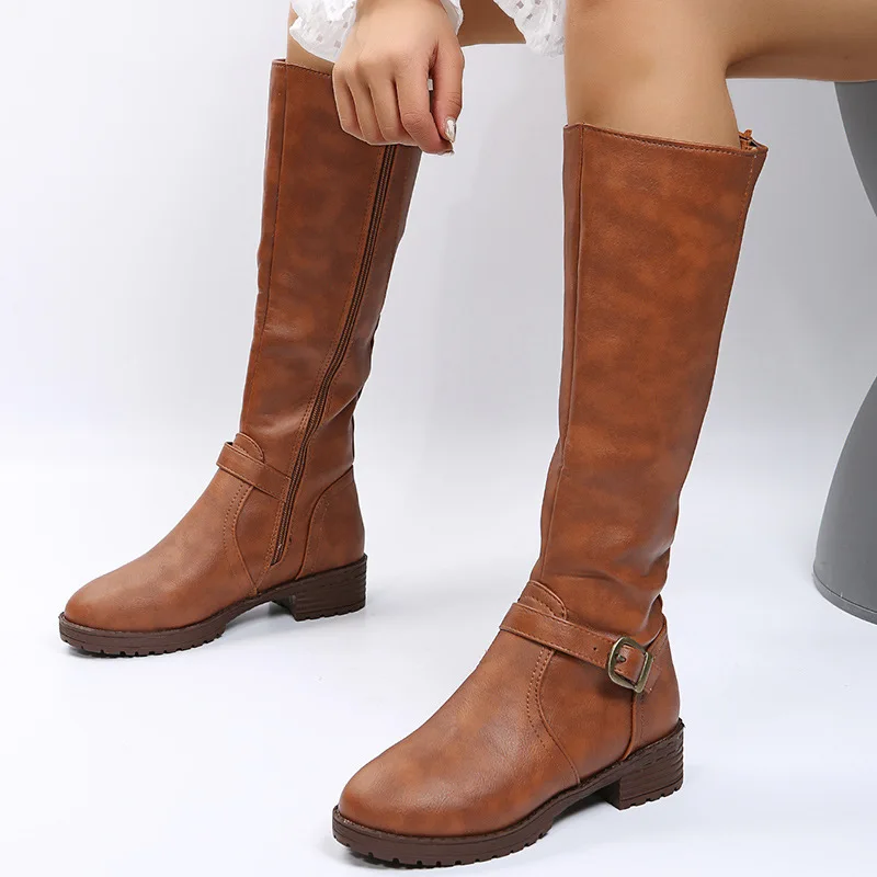 Women's leather boots 2025 Spring and Autumn new zipper low heeled long boots Knight boots High heeled women's boots