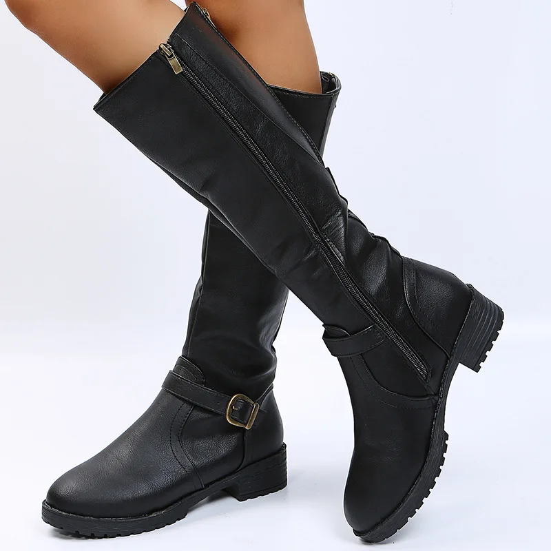 Women's leather boots 2025 Spring and Autumn new zipper low heeled long boots Knight boots High heeled women's boots