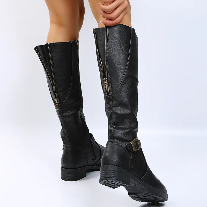 Women's leather boots 2025 Spring and Autumn new zipper low heeled long boots Knight boots High heeled women's boots