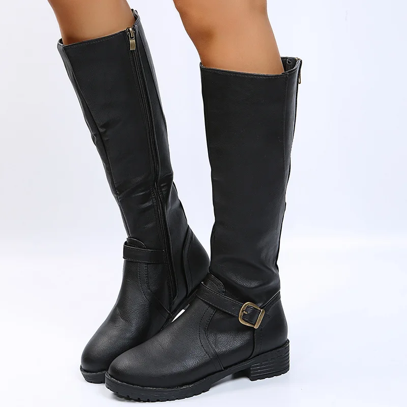 Women's leather boots 2025 Spring and Autumn new zipper low heeled long boots Knight boots High heeled women's boots