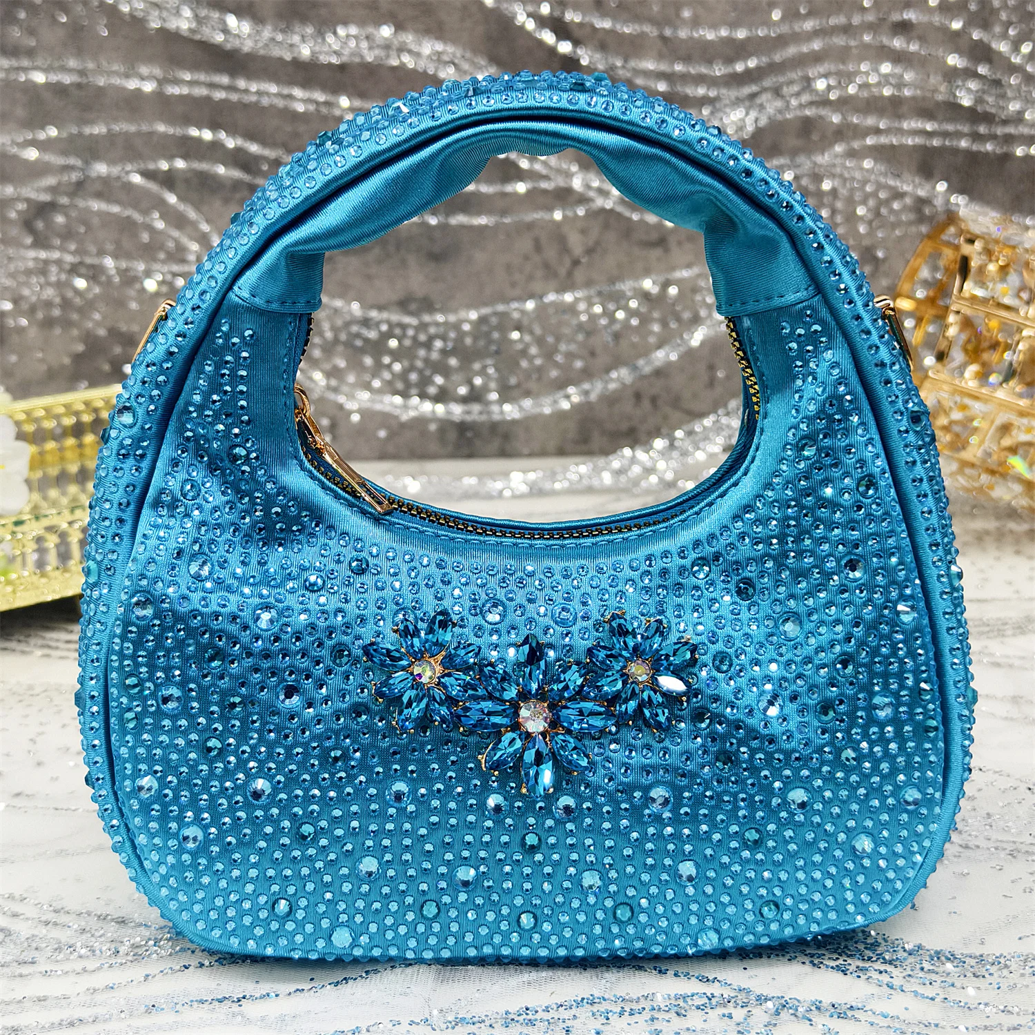 2025 Pointed Toe High Heels Shoes and Bags Set With Rhinestone for Women Wedding Party Elegant Luxury Fashion in Sky Blue