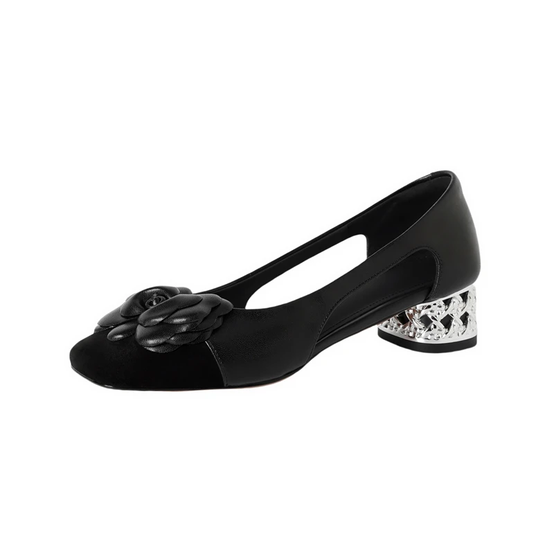 Women's New Spring/Summer Genuine Leather Square Toe Flower Breathable Hollow Middle Heel Color Blocked Single Shoe