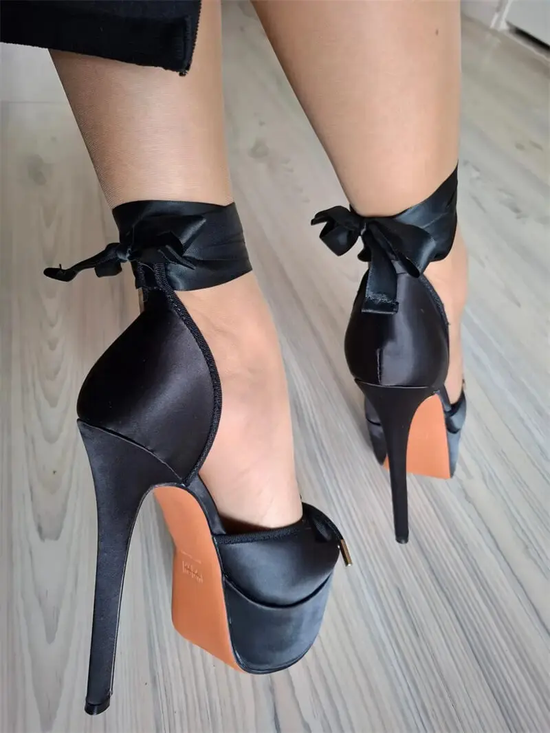 Onlymaker Womens Platform Round Toe Bow Platform Ankle Lace-up Pumps Big Size Fashion Sexy Heels