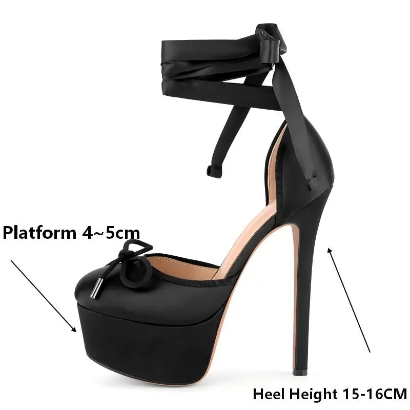Onlymaker Womens Platform Round Toe Bow Platform Ankle Lace-up Pumps Big Size Fashion Sexy Heels