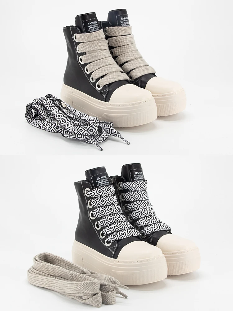 GMQM Fashion Women's New 2024 Ankle Boots Platform Pu Leather Black Shoes Round Toe Lace-Up College Student Flat Casual Shoes