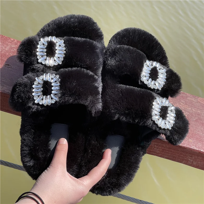 Women's Plush Slippers 2025 New Women's Winter Home Soft Plush Slippers Home Flat Indoor Shoes Ladies Flip-Flops