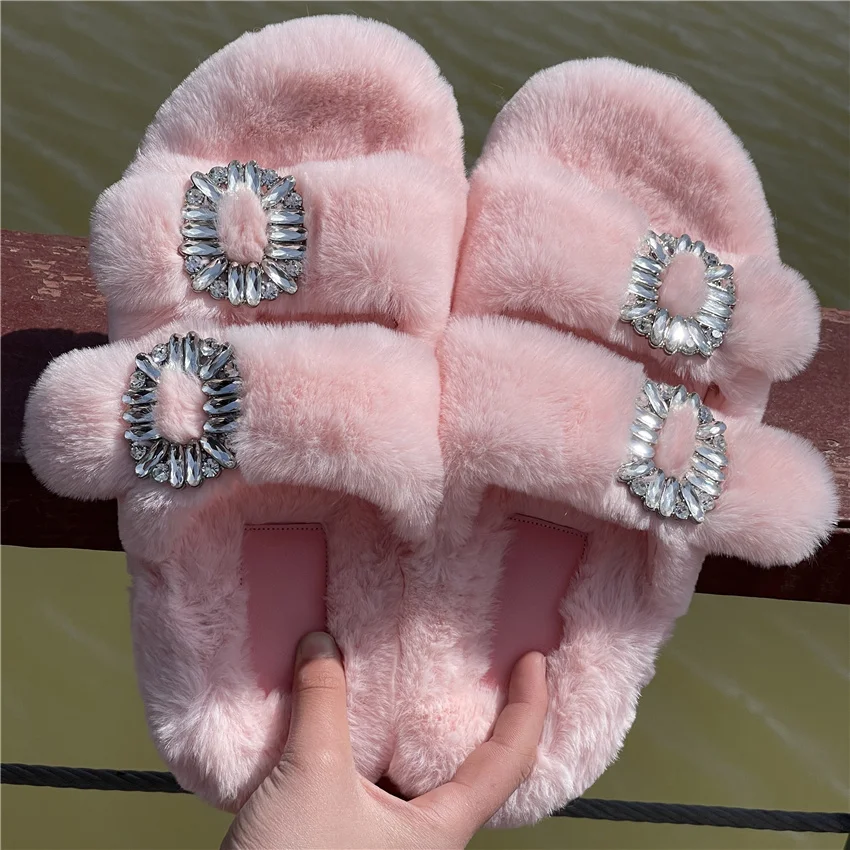 Women's Plush Slippers 2025 New Women's Winter Home Soft Plush Slippers Home Flat Indoor Shoes Ladies Flip-Flops