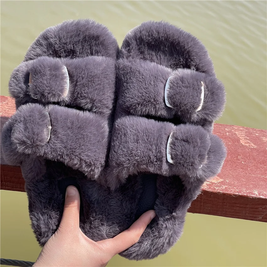 Women's Plush Slippers 2025 New Women's Winter Home Soft Plush Slippers Home Flat Indoor Shoes Ladies Flip-Flops