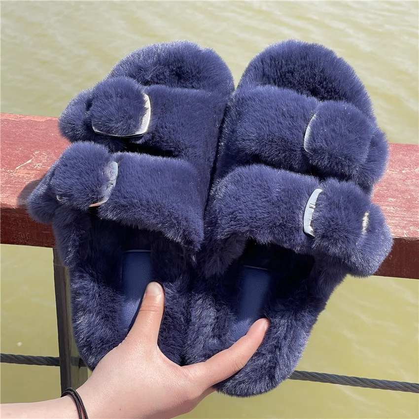 Women's Plush Slippers 2025 New Women's Winter Home Soft Plush Slippers Home Flat Indoor Shoes Ladies Flip-Flops