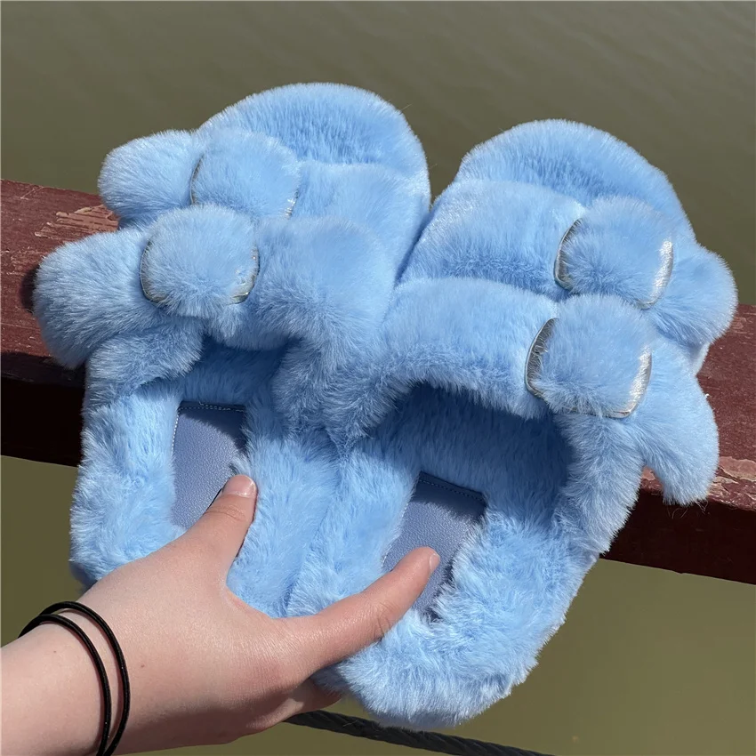 Women's Plush Slippers 2025 New Women's Winter Home Soft Plush Slippers Home Flat Indoor Shoes Ladies Flip-Flops