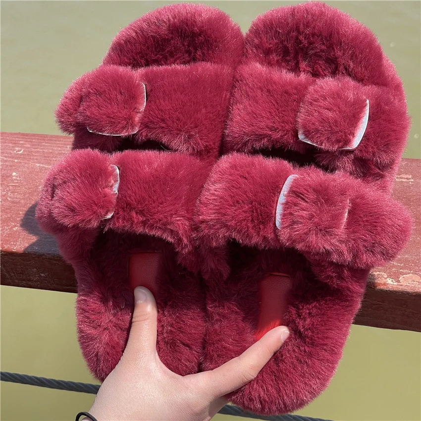 Women's Plush Slippers 2025 New Women's Winter Home Soft Plush Slippers Home Flat Indoor Shoes Ladies Flip-Flops