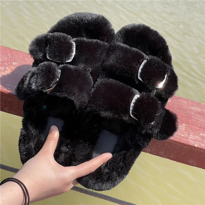 Women's Plush Slippers 2025 New Women's Winter Home Soft Plush Slippers Home Flat Indoor Shoes Ladies Flip-Flops