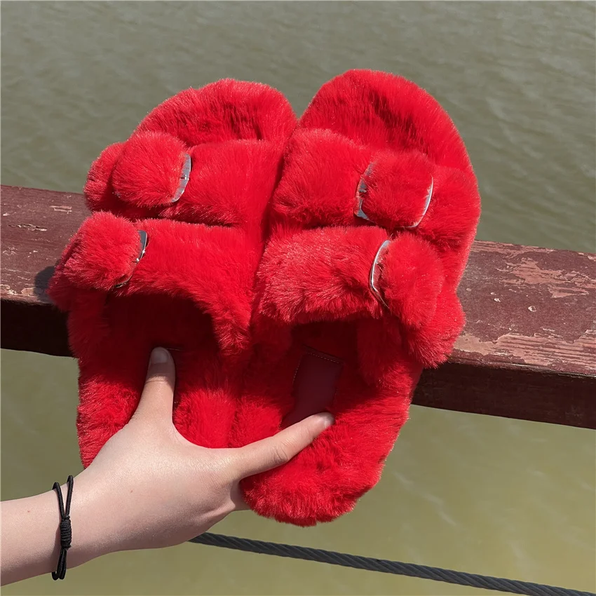 Women's Plush Slippers 2025 New Women's Winter Home Soft Plush Slippers Home Flat Indoor Shoes Ladies Flip-Flops