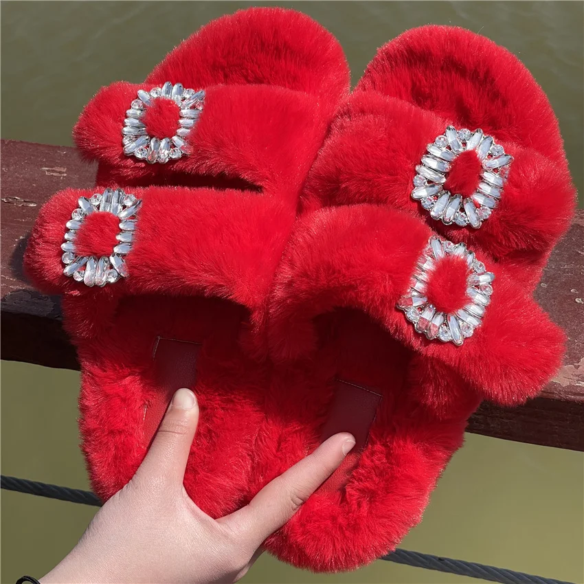 Women's Plush Slippers 2025 New Women's Winter Home Soft Plush Slippers Home Flat Indoor Shoes Ladies Flip-Flops