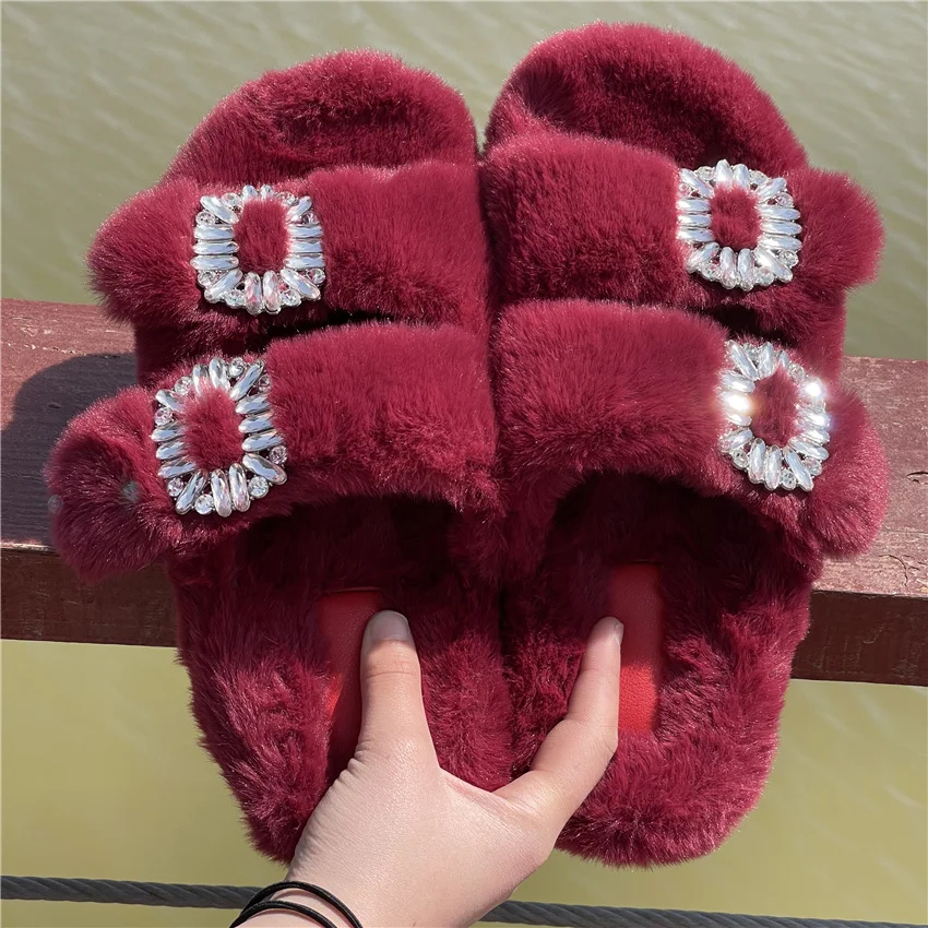 Women's Plush Slippers 2025 New Women's Winter Home Soft Plush Slippers Home Flat Indoor Shoes Ladies Flip-Flops