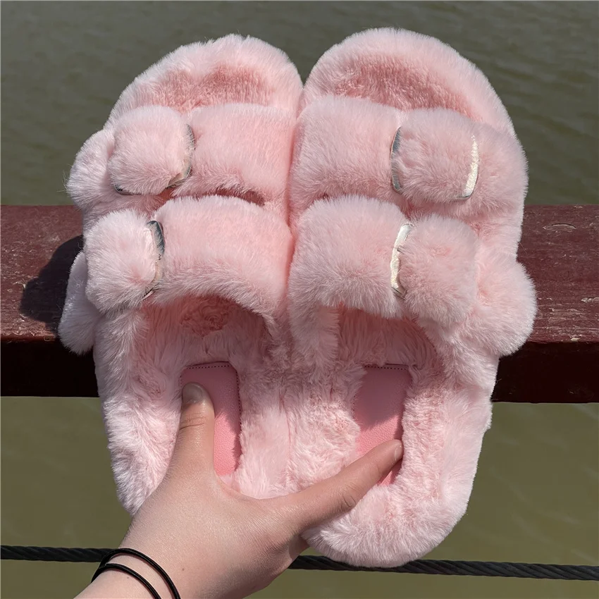 Women's Plush Slippers 2025 New Women's Winter Home Soft Plush Slippers Home Flat Indoor Shoes Ladies Flip-Flops