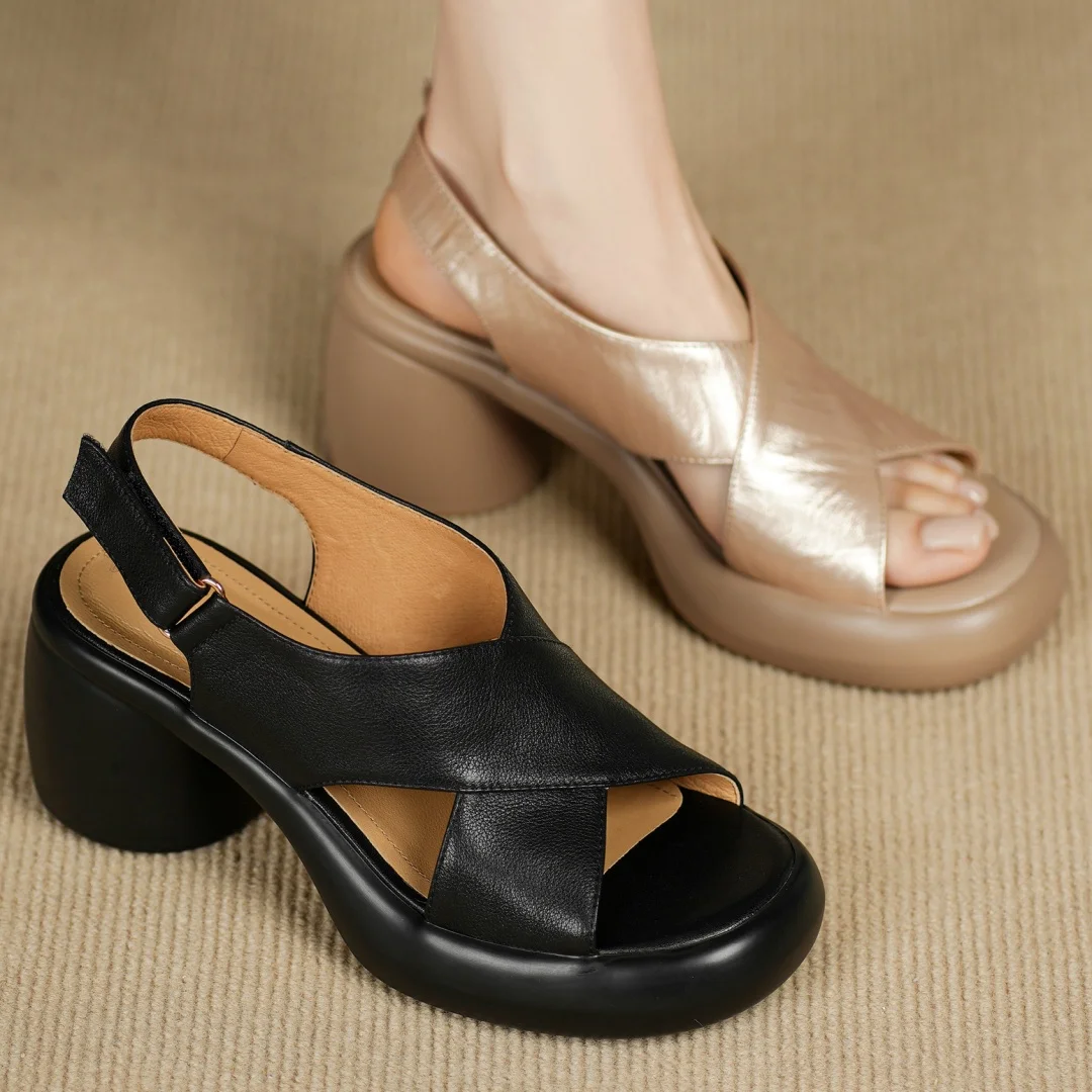 Women's cow leather narrow band cross strap open toe slingback sandals 7cm round chunky heel platform summer pumps shoes woman