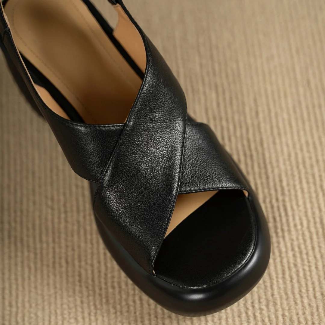 Women's cow leather narrow band cross strap open toe slingback sandals 7cm round chunky heel platform summer pumps shoes woman
