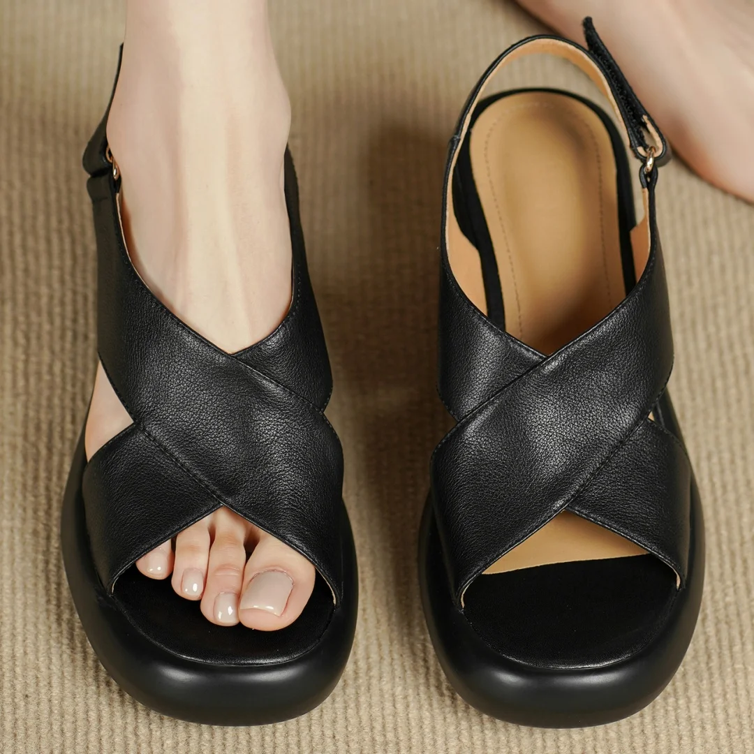 Women's cow leather narrow band cross strap open toe slingback sandals 7cm round chunky heel platform summer pumps shoes woman