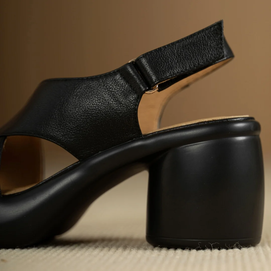 Women's cow leather narrow band cross strap open toe slingback sandals 7cm round chunky heel platform summer pumps shoes woman