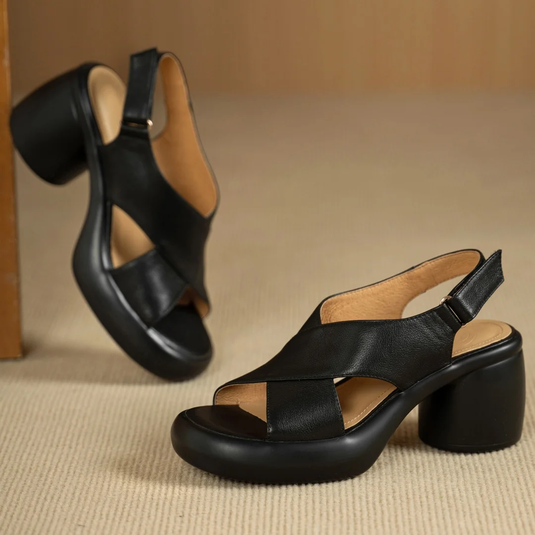 Women's cow leather narrow band cross strap open toe slingback sandals 7cm round chunky heel platform summer pumps shoes woman