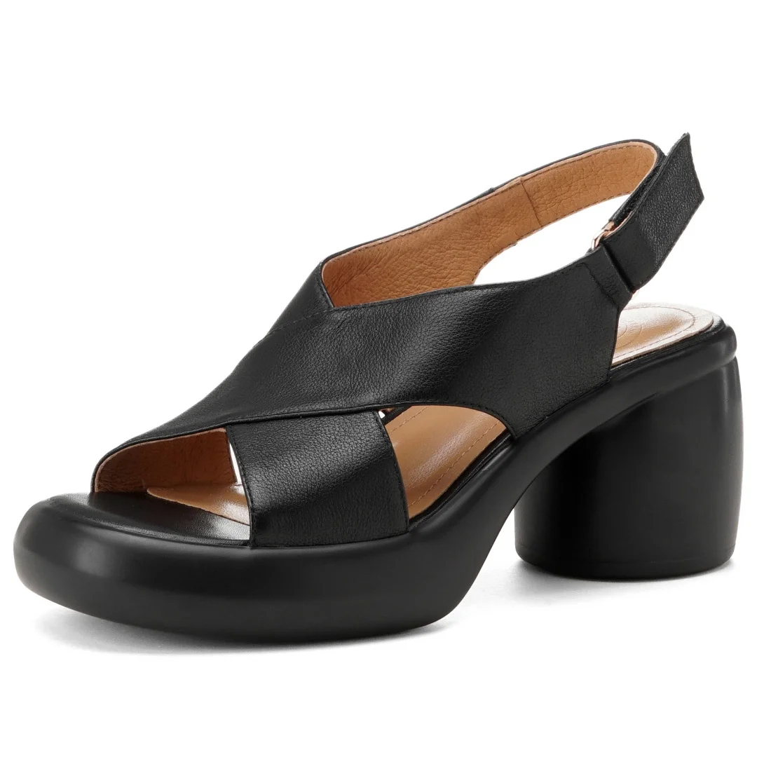 Women's cow leather narrow band cross strap open toe slingback sandals 7cm round chunky heel platform summer pumps shoes woman
