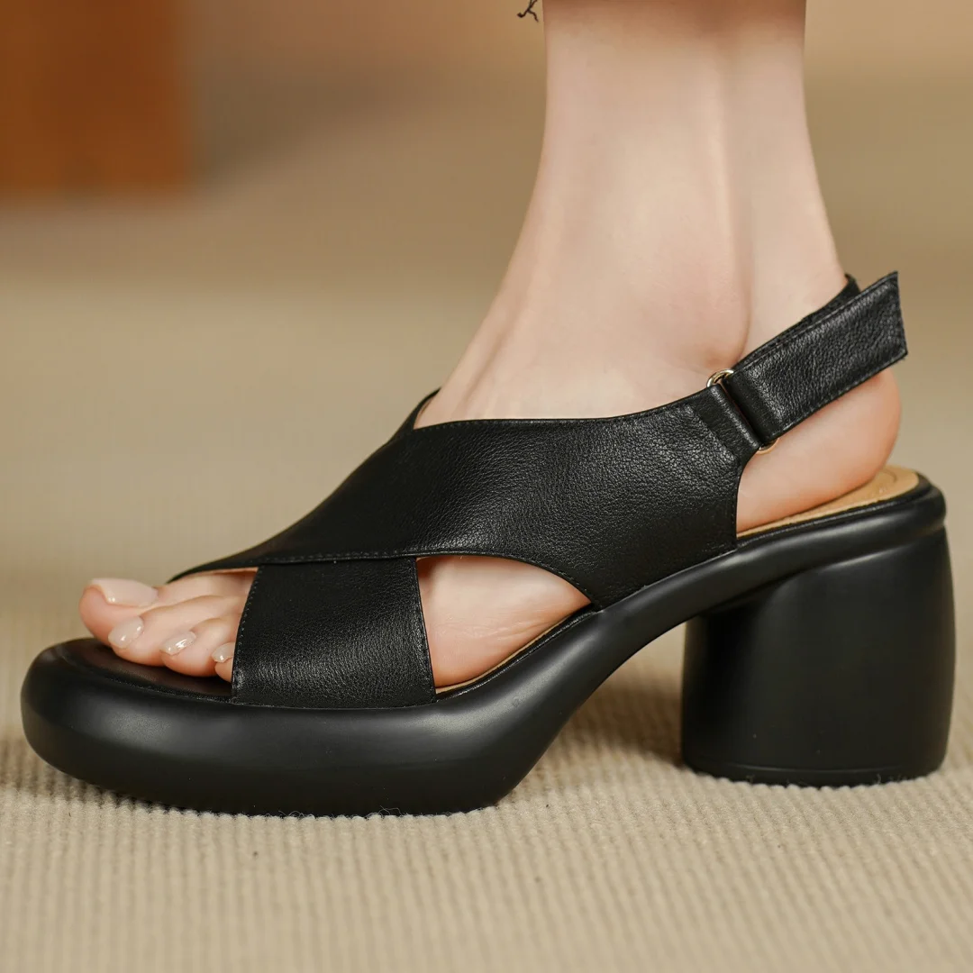 Women's cow leather narrow band cross strap open toe slingback sandals 7cm round chunky heel platform summer pumps shoes woman