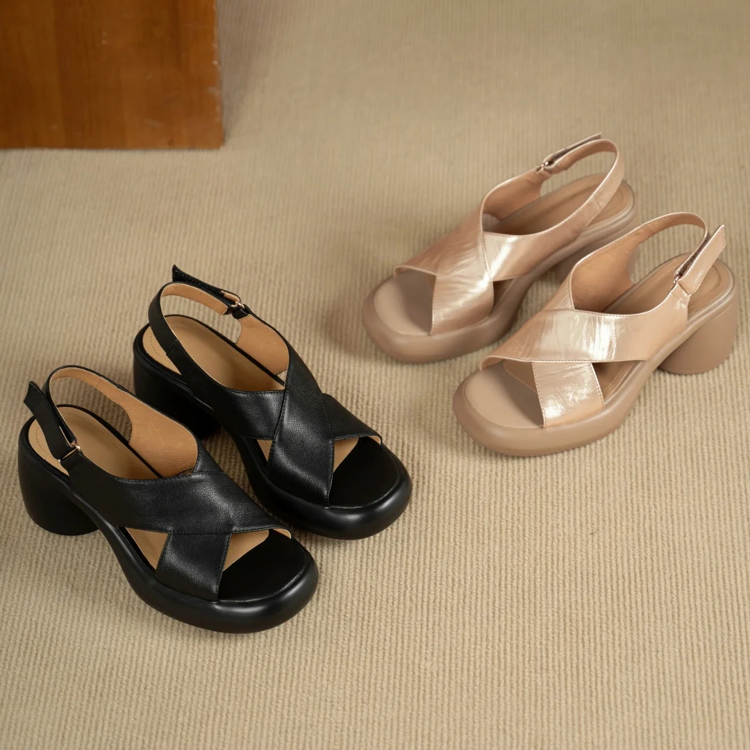 Women's cow leather narrow band cross strap open toe slingback sandals 7cm round chunky heel platform summer pumps shoes woman