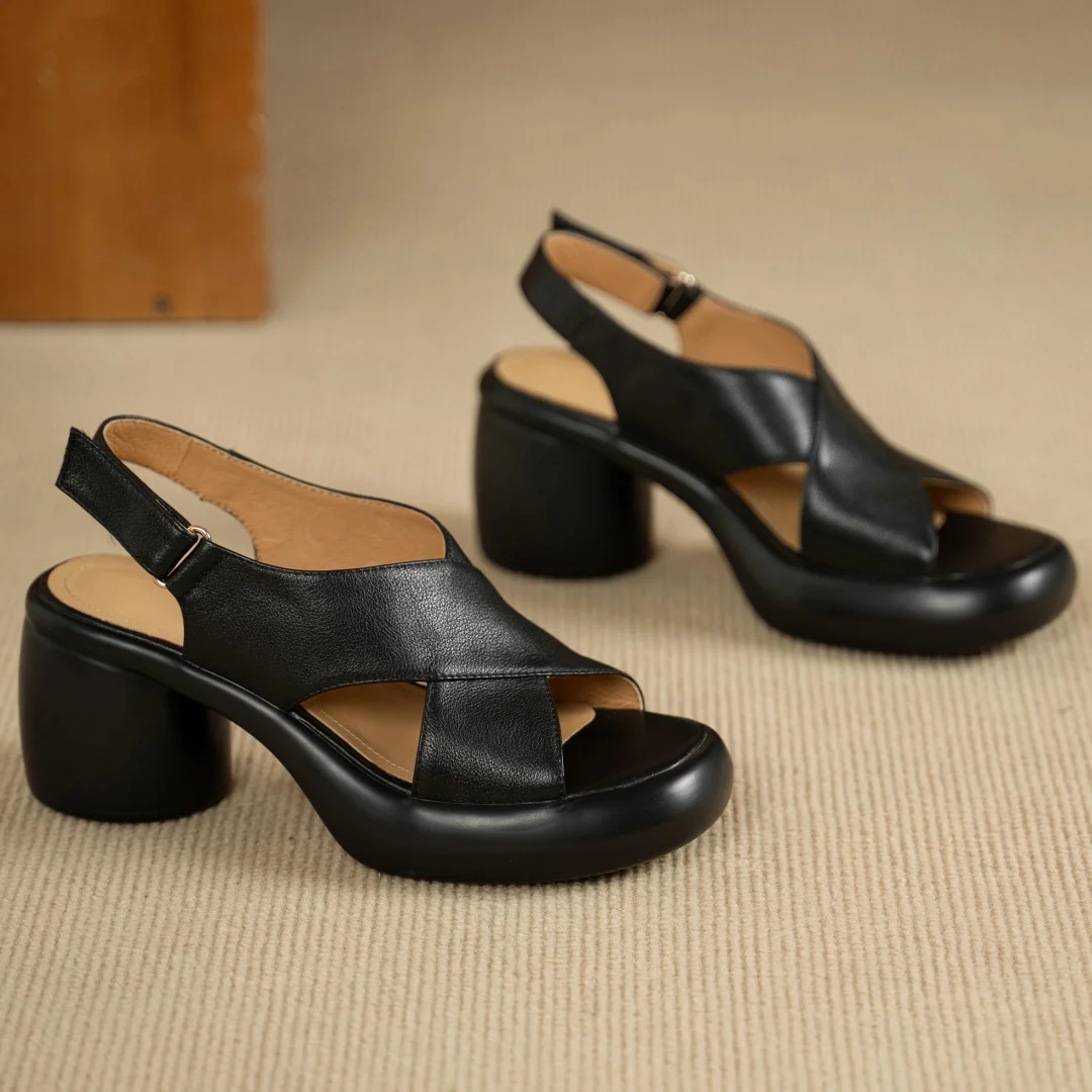 Women's cow leather narrow band cross strap open toe slingback sandals 7cm round chunky heel platform summer pumps shoes woman