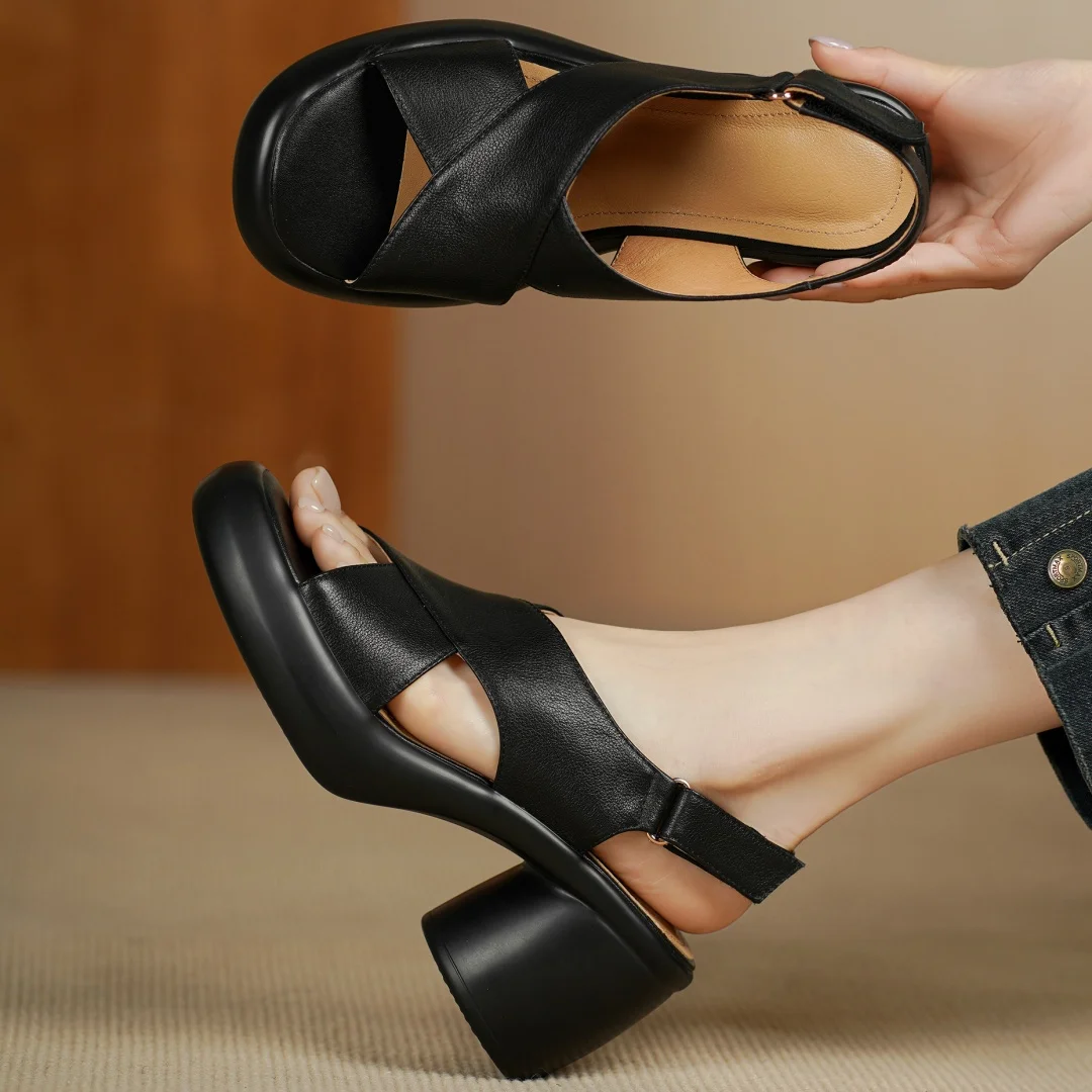 Women's cow leather narrow band cross strap open toe slingback sandals 7cm round chunky heel platform summer pumps shoes woman