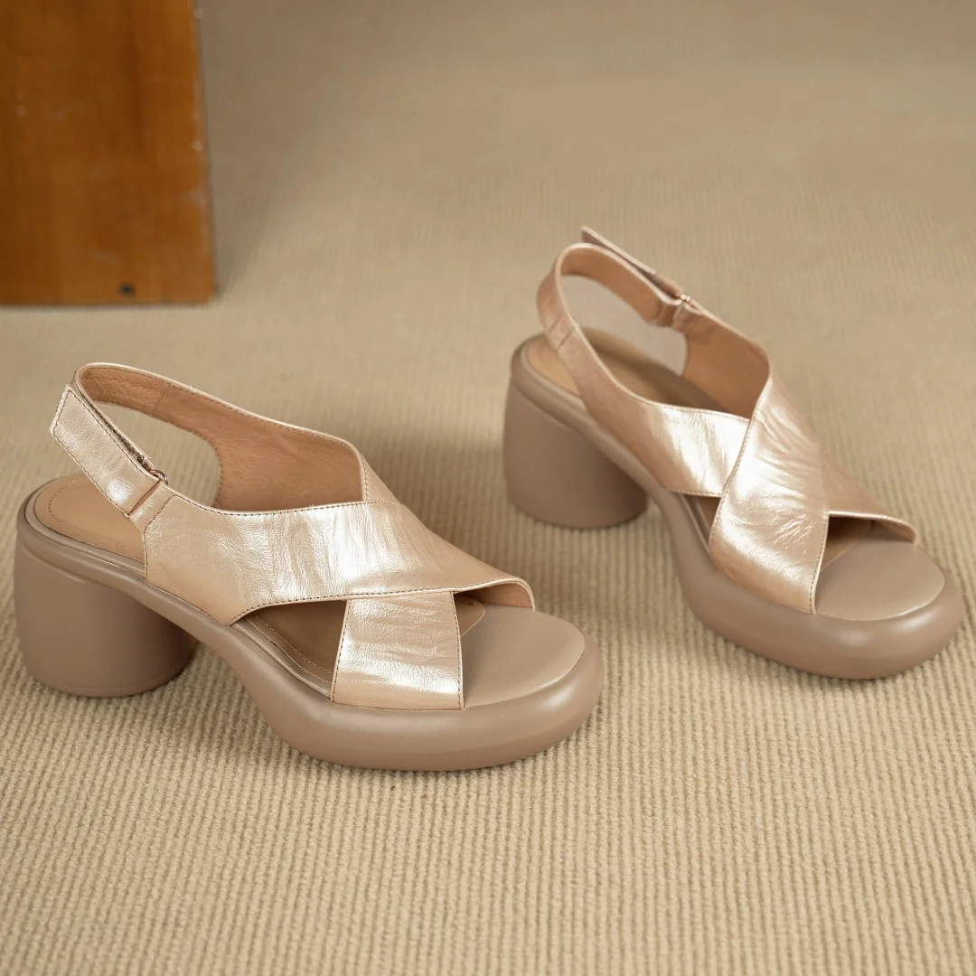 Women's cow leather narrow band cross strap open toe slingback sandals 7cm round chunky heel platform summer pumps shoes woman