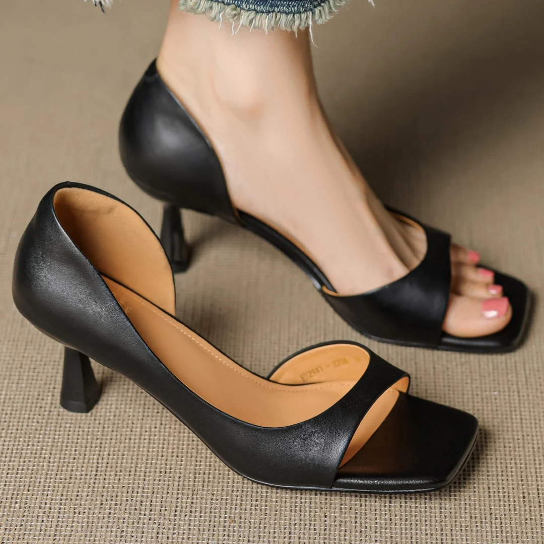 Women's cow leather open toe slip-on pumps elegant ladies 6cm thin high heel summer slim dress heeled sandals shoes for woman 33