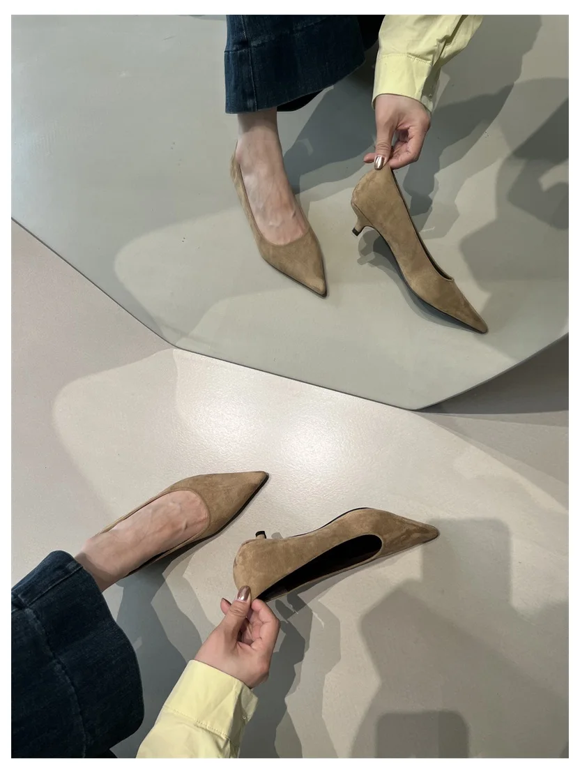 2026 Spring Shoes Women Thin Low Heels Pumps Fashion Suede Elegant Pointed Toe Shallow Pumps Office Dress Wedding Female Loafers